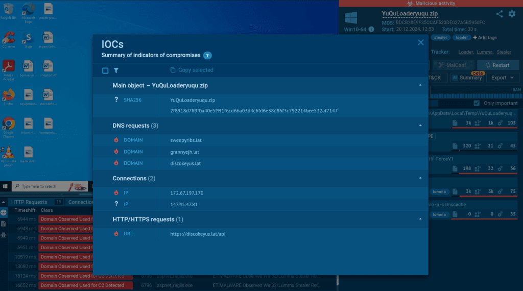 IOCs extracted by the sandbox to enhance your detection systems