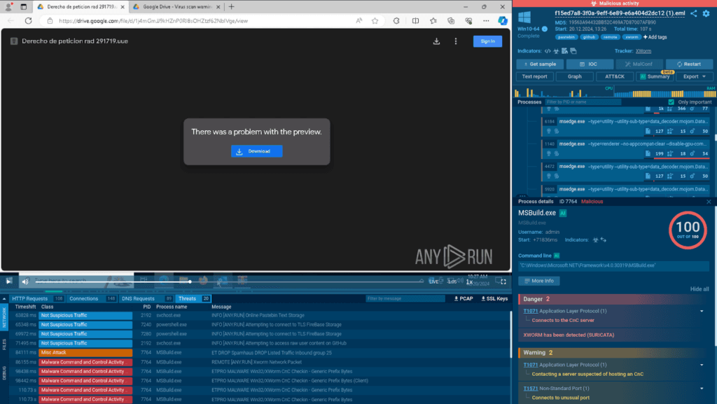 A google drive page with a downloadable link to a malicious archive during XWorm Attack