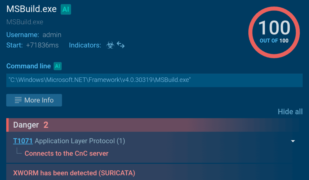 XWorm uses MSBuild.exe to persist on the system