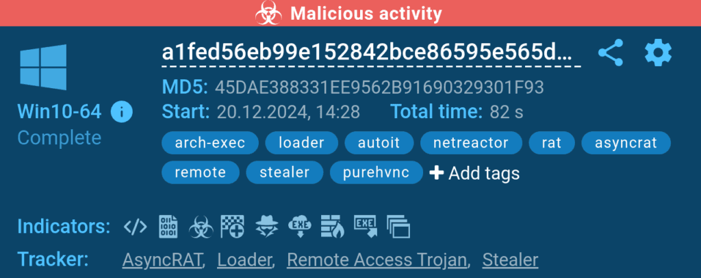 ANY.RUN provides a threat verdict along with relevant tags for additional context on AsyncRAT Attack 