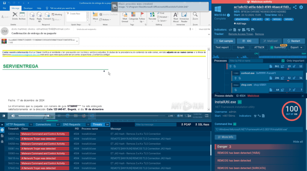 Phishing email opened in ANY.RUN’s Interactive Sandbox on a Remcos Attack