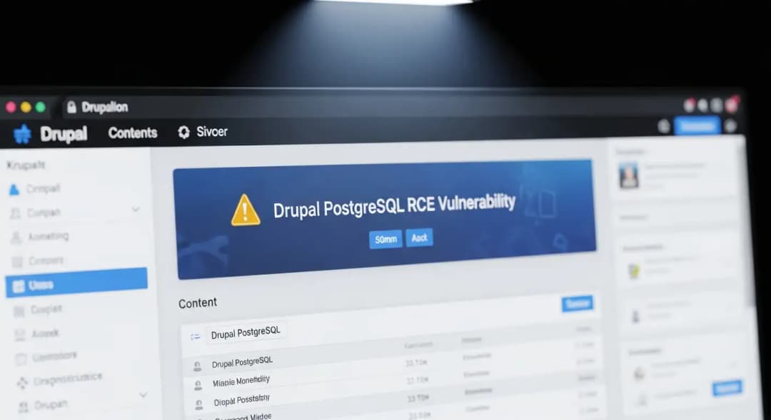 Drupal PostgreSQL RCE Vulnerability alert on admin dashboard 