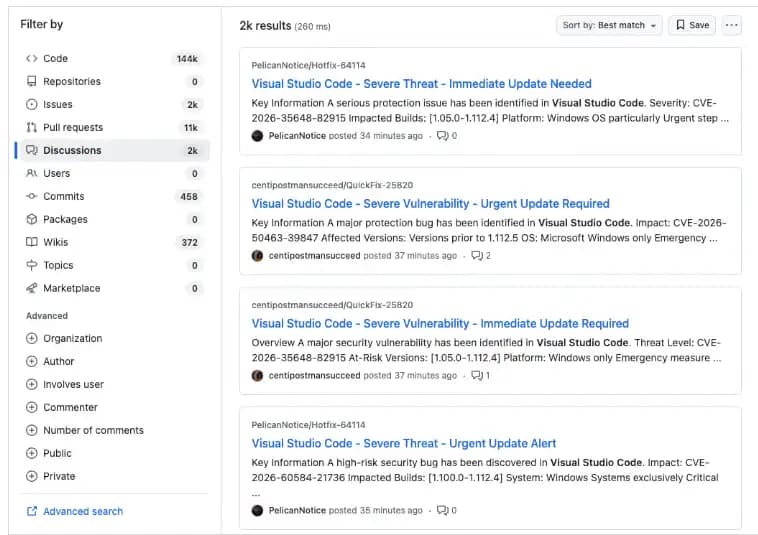 Fake VS Code Alerts on GitHub