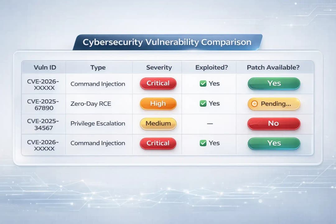 Cybersecurity vulnerability comparison table